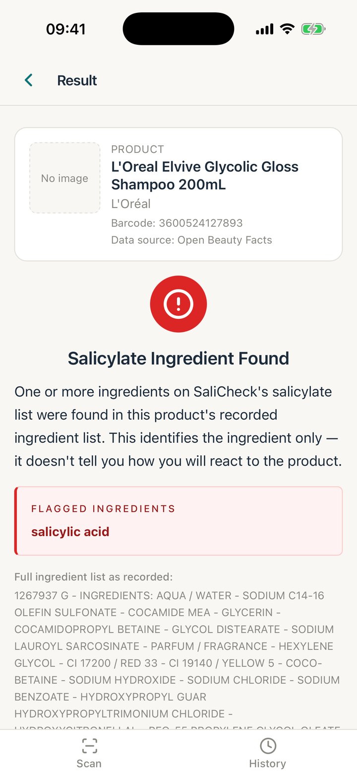 SaliCheck result screen: Salicylate Ingredient Found — salicylic acid flagged in the recorded ingredient list for L'Oréal Elvive Glycolic Gloss Shampoo.