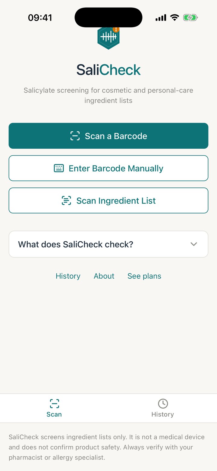 SaliCheck home screen.